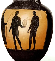 Amphore panathénaïque représentant un athlète recevant un trophée, 580-520 av. J.-C. (céramique)